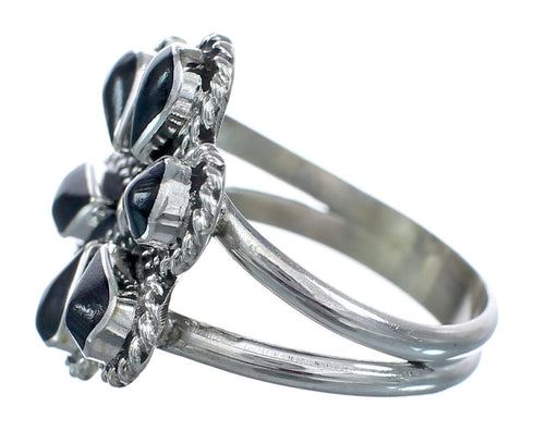 Native American Onyx Silver Flower Ring Size 9-1/2 AX122460