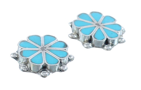 Zuni Turquoise Inlay Flower Sterling Silver Post Stud Earrings JX122288