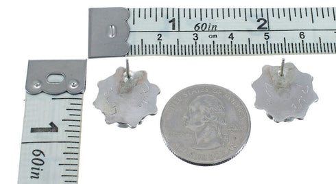 Zuni Turquoise Inlay Flower Sterling Silver Post Stud Earrings JX122288