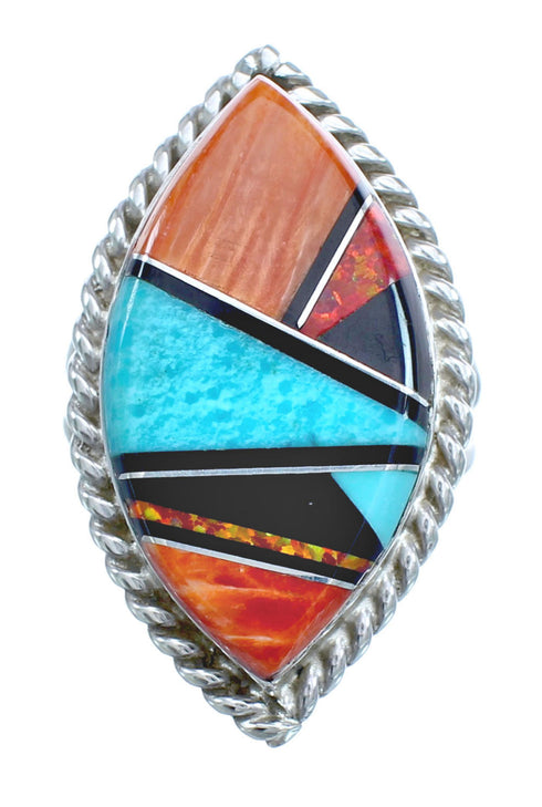 Native American Sterling Silver Multicolor Inlay Ring Size 7-1/2 AX123158