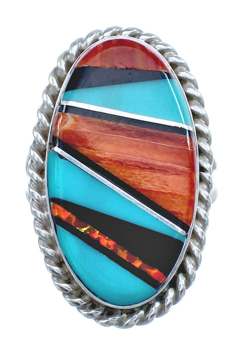 Native American Sterling Silver Multicolor Inlay Ring Size 7-3/4 AX123187