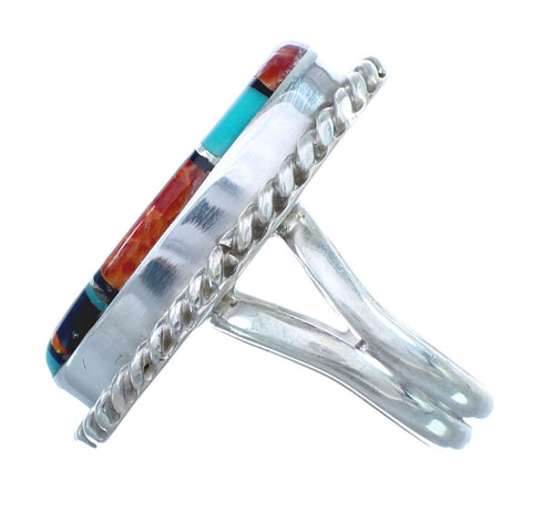 Native American Sterling Silver Multicolor Inlay Ring Size 7-3/4 AX123187
