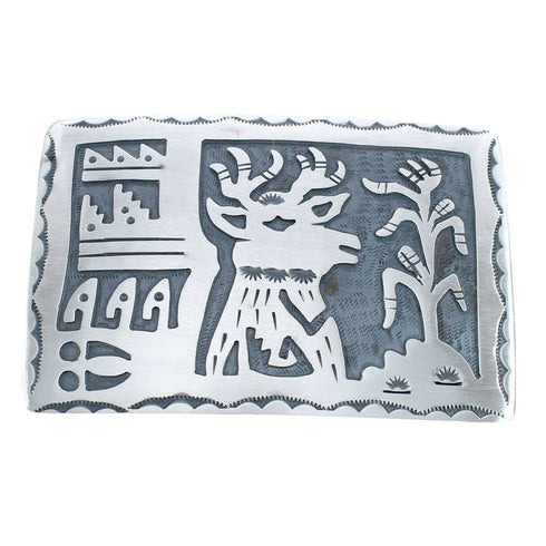 Native American Navajo Sterling Silver Deer and Corn Belt Buckle JX123066