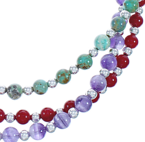 American Indian 3-Strand Multicolor Silver Bead Necklace AX123385