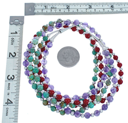 American Indian 3-Strand Multicolor Silver Bead Necklace AX123385