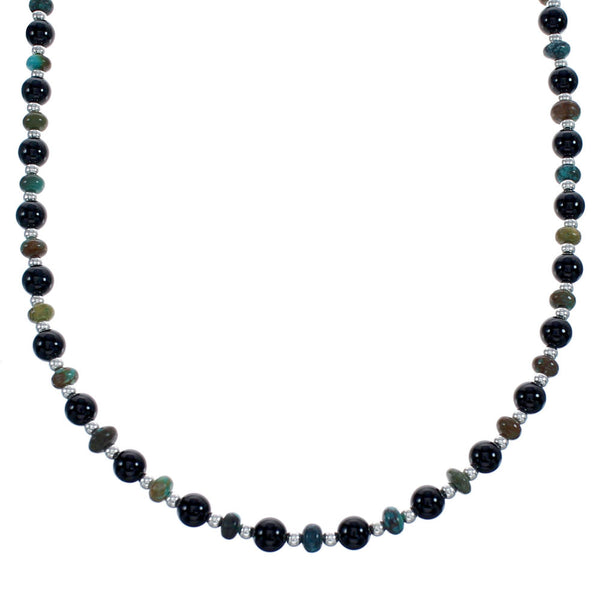 Navajo Sterling Silver Onyx And Turquoise Bead Jewelry Necklace JX123387