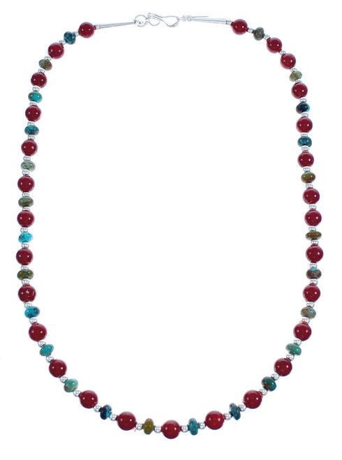 Native American Sterling Silver Turquoise Coral Bead Necklace JX123394