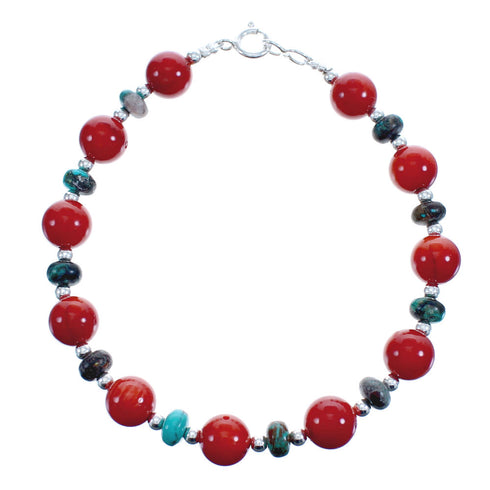 Genuine Sterling Silver Turquoise And Coral Navajo Bead Bracelet JX123428