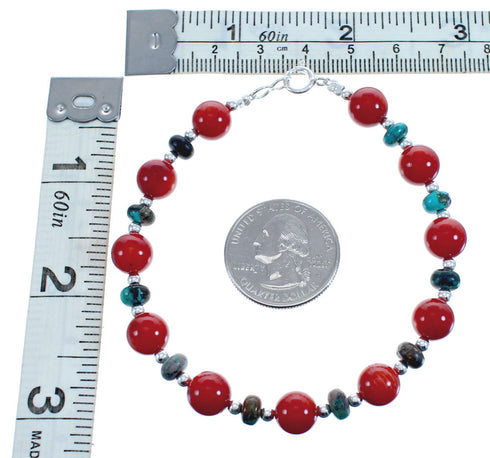 Genuine Sterling Silver Turquoise And Coral Navajo Bead Bracelet JX123428