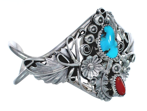 Genuine Sterling Silver Flower And Leaf Navajo Turquoise Coral Cuff Bracelet AX123825