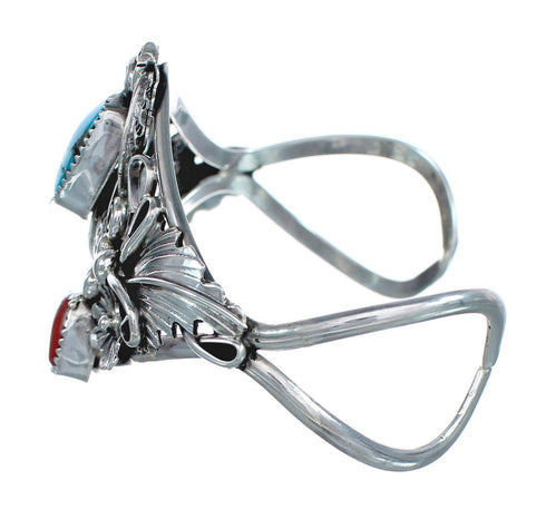Genuine Sterling Silver Flower And Leaf Navajo Turquoise Coral Cuff Bracelet AX123825