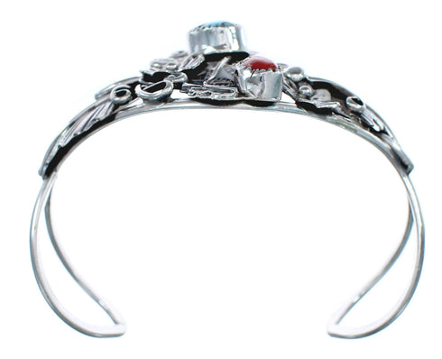 Genuine Sterling Silver Flower And Leaf Navajo Turquoise Coral Cuff Bracelet AX123825