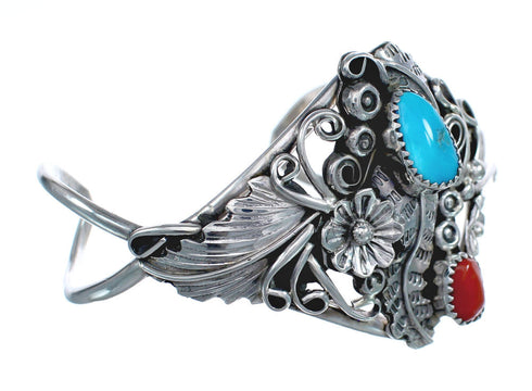 Genuine Sterling Silver Flower And Leaf Navajo Turquoise Coral Cuff Bracelet AX123828