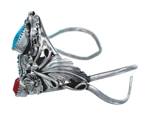 Genuine Sterling Silver Flower And Leaf Navajo Turquoise Coral Cuff Bracelet AX123828
