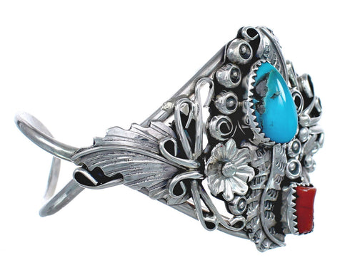Genuine Sterling Silver Flower And Leaf Navajo Turquoise Coral Cuff Bracelet AX123834