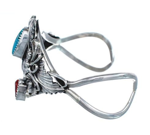 Genuine Sterling Silver Flower And Leaf Navajo Turquoise Coral Cuff Bracelet AX123834