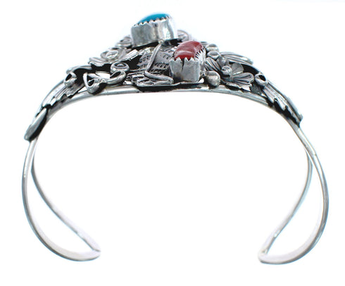 Genuine Sterling Silver Flower And Leaf Navajo Turquoise Coral Cuff Bracelet AX123834