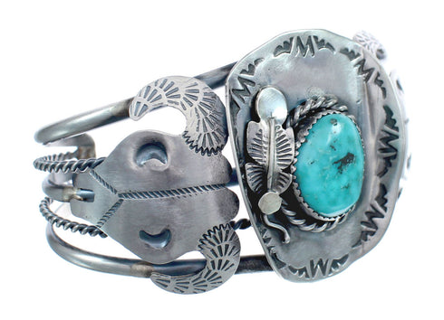 Authentic Sterling Silver Navajo Cow Skull Turquoise Cuff Bracelet AX123864