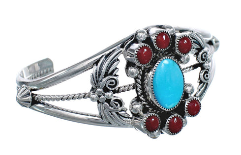 Sterling Silver Turquoise Coral Leaf Navajo Cuff Bracelet AX123860