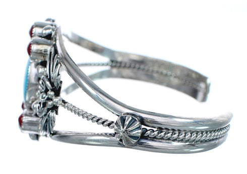Sterling Silver Turquoise Coral Leaf Navajo Cuff Bracelet AX123860