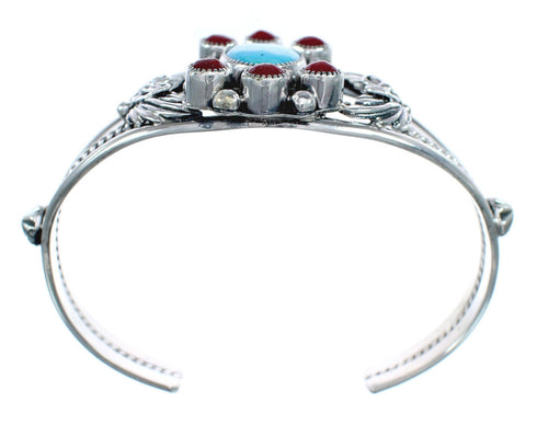 Sterling Silver Turquoise Coral Leaf Navajo Cuff Bracelet AX123860