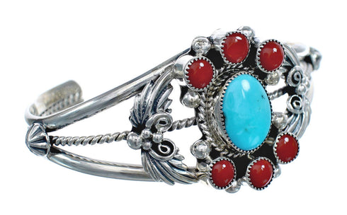 Sterling Silver Turquoise Coral Leaf Navajo Cuff Bracelet AX123862