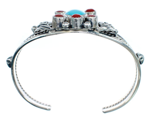 Sterling Silver Turquoise Coral Leaf Navajo Cuff Bracelet AX123862