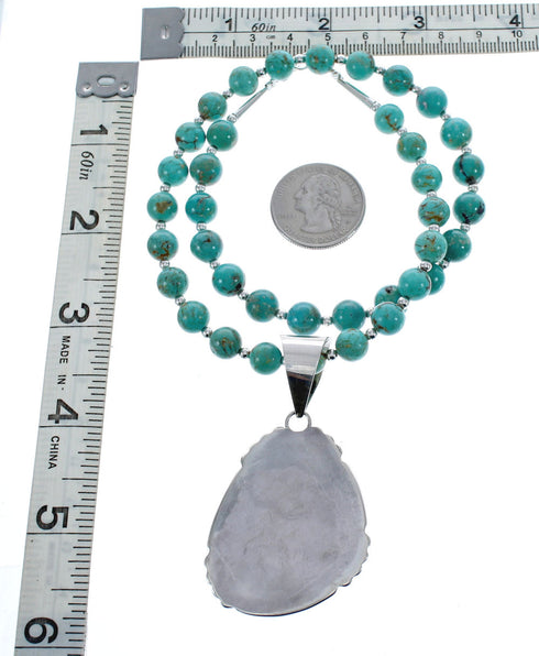 Sterling Silver Turquoise Zuni Bead Pendant Necklace Set AX123891