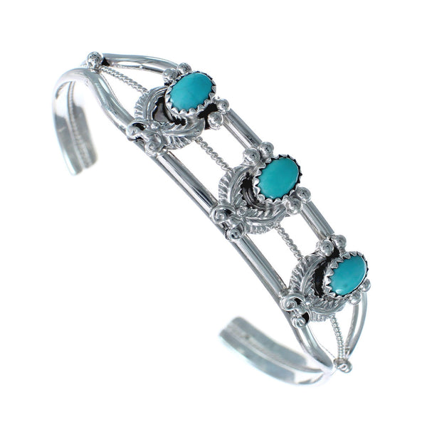 Turquoise Navajo Sterling Silver Scalloped Leaf Cuff Bracelet AX123925