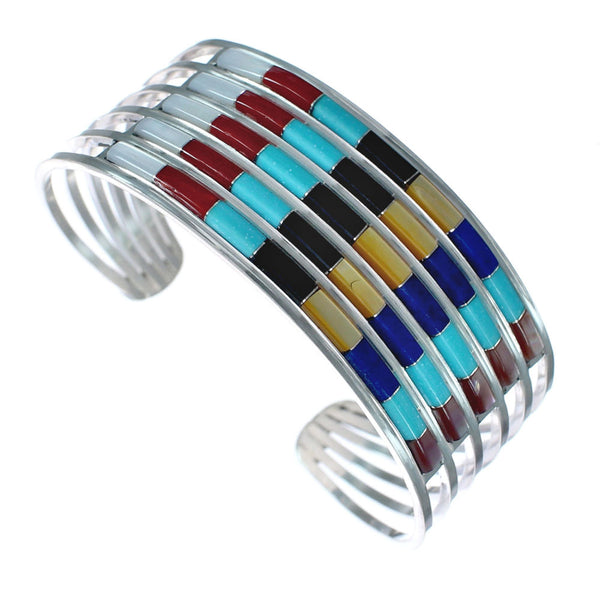 Multicolor Inlay Genuine Sterling Silver Zuni Cuff Bracelet JX123916