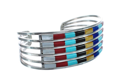 Multicolor Inlay Genuine Sterling Silver Zuni Cuff Bracelet JX123916