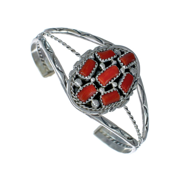 Native American Navajo Sterling Silver And Coral Cuff Bracelet JX123919