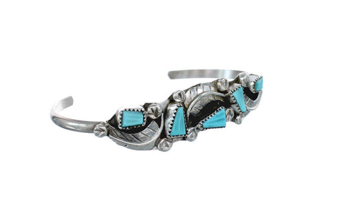Native American Zuni Genuine Sterling Silver Turquoise Leaf Cuff Bracelet JX123923