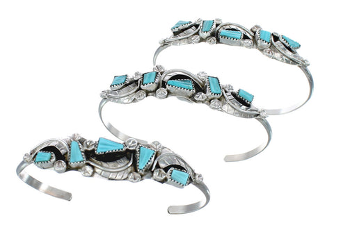 Native American Zuni Genuine Sterling Silver Turquoise Leaf Cuff Bracelet JX123923