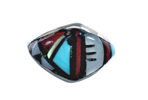 Native American Zuni Multicolor Genuine Sterling Silver Ring Size 7-1/2 JX123985