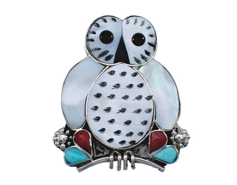 Owl Sterling Silver Zuni Multicolor Multistone Ring Size 7-3/4 JX124020