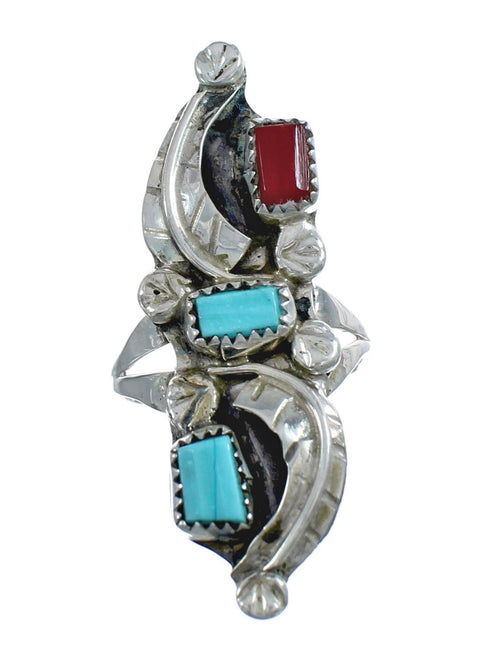 Native American Zuni Turquoise And Coral Leaf Ring Size 7-1/4 JX124120