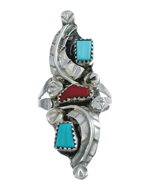 Native American Zuni Turquoise And Coral Leaf Ring Size 6-1/2 JX124122