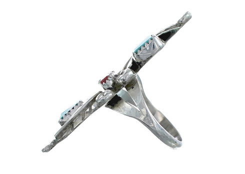 Native American Zuni Turquoise And Coral Leaf Ring Size 6-1/2 JX124122