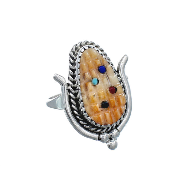 Native American Zuni Multicolor Multistone Sterling Silver Corn Ring Size 8-3/4 JX124139
