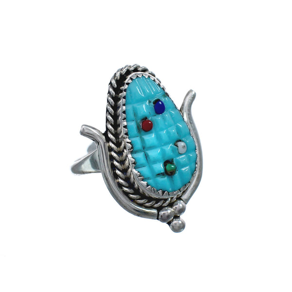 Native American Zuni Multicolor Multistone Sterling Silver Corn Ring Size 7-1/4 JX124145