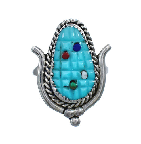 Native American Zuni Multicolor Multistone Sterling Silver Corn Ring Size 7 JX124143