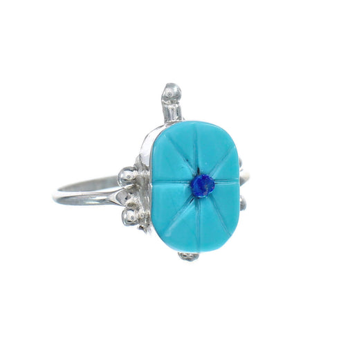 Native American Turquoise Blue Opal Sterling Silver Turtle Ring Size 8 JX124172