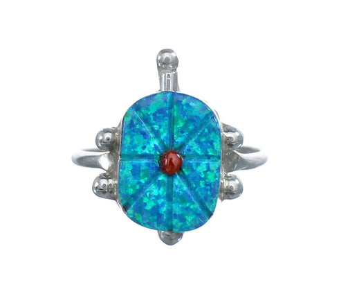 Native American Coral and Blue Opal Sterling Silver Turtle Ring Size 6-3/4 JX124210