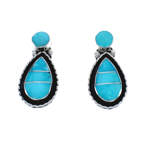 Native American Zuni Turquoise Tear Drop Sterling Silver Inlay Post Earrings JX124235