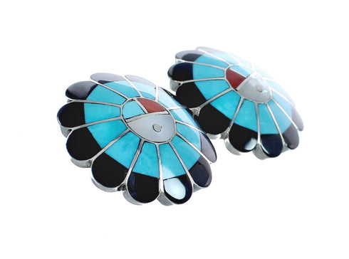 Native American Zuni Sterling Silver Multicolor Inlay Sun Post Earrings JX124222