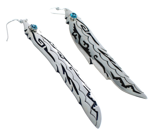 Navajo Sterling Silver And Turquoise Feather Hook Dangle Earrings JX124277