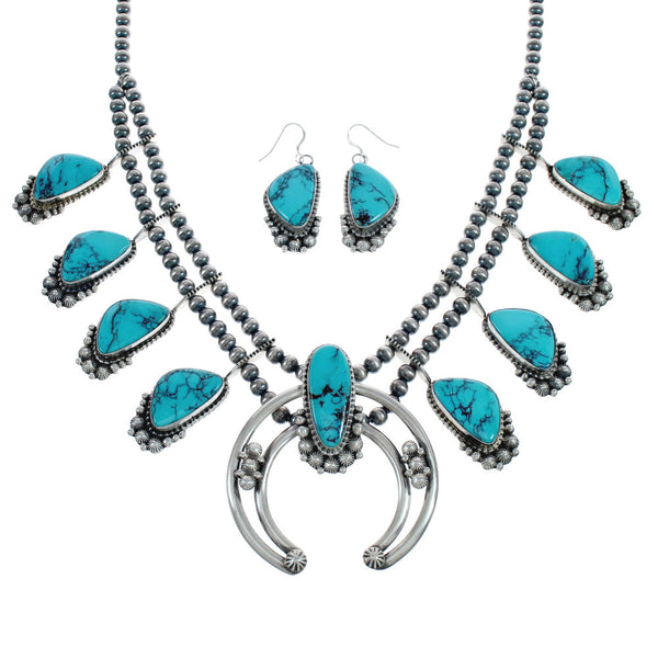 Turquoise Sterling Silver Navajo Naja Squash Blossom Necklace Set AX124628