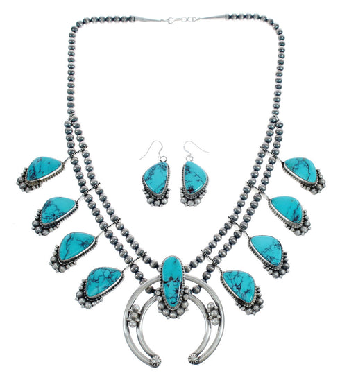 Turquoise Sterling Silver Navajo Naja Squash Blossom Necklace Set AX124628