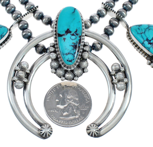 Turquoise Sterling Silver Navajo Naja Squash Blossom Necklace Set AX124628